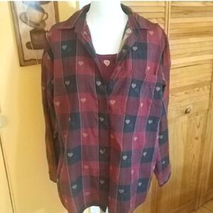Vintage Plaid Heart Shirt w/ Faux Tank Brick Red & Black - CUTE! XL
